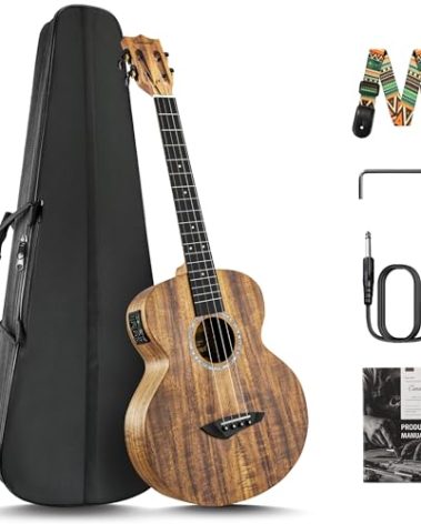 Caramel CB207 Acacia Baritone Acoustic Electric Ukulele with Truss Rod with Additional Strings, Padded Gig Bag, Strap and EQ cable
