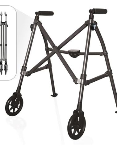 Stander Space Saver Walker Short, Lightweight Folding Rolling Mobility Aid for Juniors & Petite Adults, Compact 2-Wheel Disability Device with 6-inch Wheels & Rear Ski Glides, Black Walnut