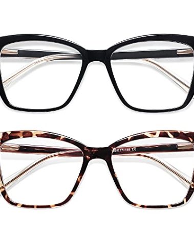 AMOMOMA Trendy TR90 Oversized Blue Light Reading Glasses Women,Stylish Square Cat Eye Glasses AM6031 C1+C6 2.0 x