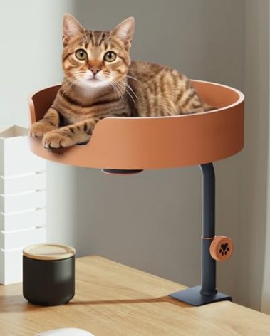 Clioran Cat Desk Bed Large Perch Nest with Teaser Easy Install,Space Saving Mount Design,Sturdy Frame,Removable Cushion,Clamp Desktop Attachment Hammock for Home Office,Side Table(Black and Coffee)