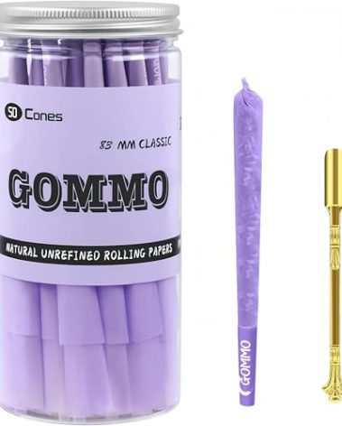 GOMMO Cones Rolling Paper 50 Pack Pre Rolled Cones 1 1/4 Size Natural Purple Rolling Papers with Tips and Golden Packing Spoon Included