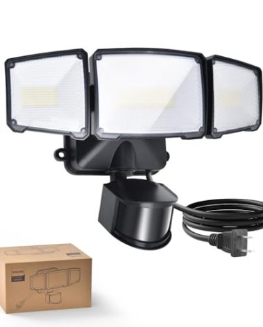 Philips 36W Motion Sensor Security Lights Outdoor, 3800 LM LED Dusk to Dawn Plug in Flood Light, 3 Adjustable Heads, 5000K Daylight, Waterproof for Garage, Yard, Porch