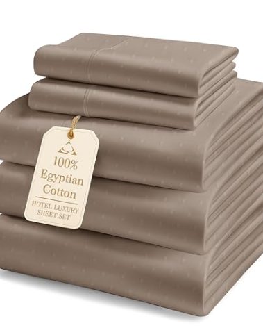 LANE LINEN Split King Sheets for Adjustable Beds - 5PC Sheets Set, 100% Egyptian Cotton, Cool Breathable & Soft, 2 Fitted Fits Upto 16" Deep Pockets - Swiss Dot - Taupe