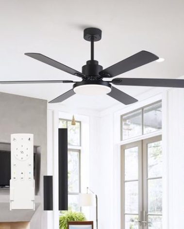 Ceiling Fans with Lights and Remote, 60 Inch Black Ceiling Fan for Bedroom Living Room, Low Profile Outdoor Ceiling Fans for Patios, Dimmable LED Chandelier, Reversible Blades, ETL