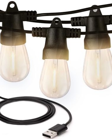Brightech Ambience Pro USB Powered String Lights - 24 Ft Commercial Grade Waterproof String Lights - Outdoor Shatterproof Patio Lights for Camping, Backyard, Porch, Christmas - 1W 12 Bulbs, Warm White