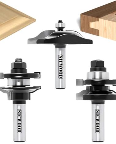 SICWOOD 3PCS Cabinet Door Raised Panel Router Bits Set 1/2 Shank, Carbide Woodworking Tools, for Making Door & Window Frames, (Tenon Joint Cutter Diameter: 1-5/8")