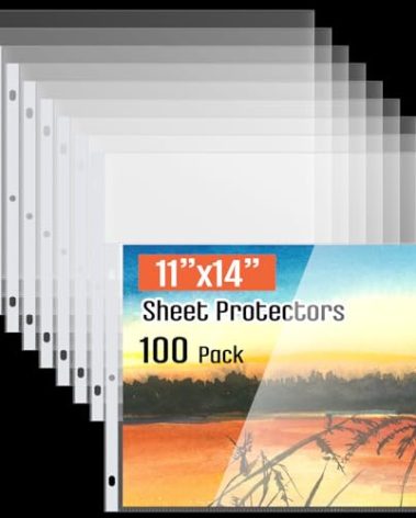 Gilprop 100 Pack 11 x 14 Inch Sheet Protectors, Heavyweight Landscape Sleeves 11 x 14 Ledger Size Clear Plastic Binder Sleeves, 3 Hole Punched Fits 3 Ring Binders