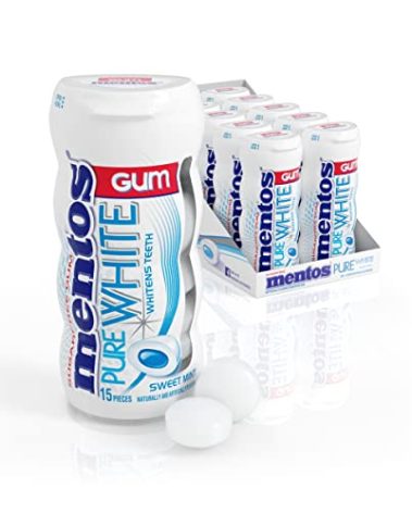 Mentos Pure White Sugar-Free Chewing Gum with Xylitol, Sweet Mint, 15 Piece Bottle (Bulk Pack of 10)