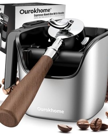 Ourokhome Knock Box Espresso Accessories, The Latest Patented Stainless Steel Espresso Machine Tool for Coffee Ground with Removable Knock Bar, Handle and Lid, Dishwasher safe, 4.8 inch