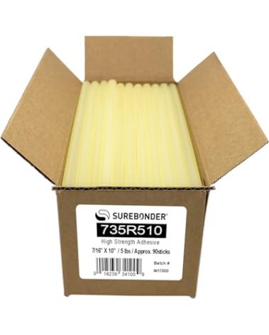 Surebonder 735R510 Full Size 10" High Strength Hot Glue Sticks for Cardboard, Plastic, Wood, Metal - 90 Glue Sticks, Amber, 5 lb Box