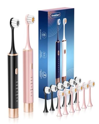 Black & Pink Electric Toothbrush for Adults, 2 Pack Toothbrush，USB Rechargeable Sonic Toothbrush with 12 Brush Heads, Smart Timer, 6 Modes, 2-Hour Fast Charge Last 30 Days