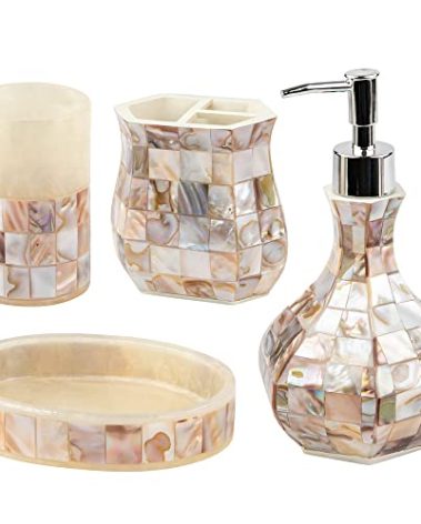 Milano Bathroom Accessories Set - 4 Piece Bathroom Accessory Set with Natural Mother of Pearl Shells - Decorative Bathroom Set Includes: Soap Dispenser, Toothbrush Holder, Tumbler and Soap Dish