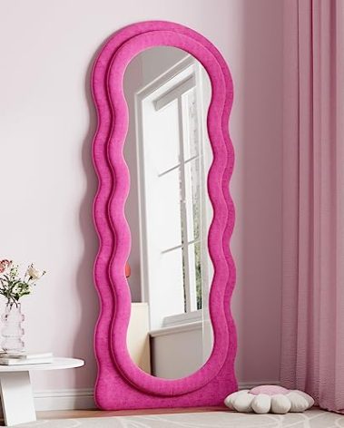 Dewfig Full Length Mirror, 63" x 24" Irregular Wavy Mirror, Large Floor Length Mirrors Wall Mounted, Standing Wavy Mirrors with Flannel Wrapped Wooden Frame for Bedroom/Living Room, Hot Pink