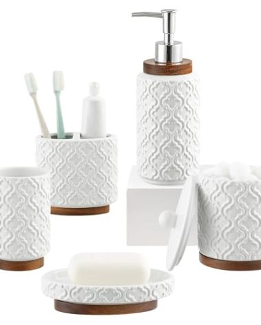 RQYIXI Bathroom Accessories Set 5 Pieces Toothbrush Holder Soap Dispenser Ceramic Bathroom Accessory Set Contain Cotton Swab Jar Toothbrush Cup Soap Dish Tumbler
