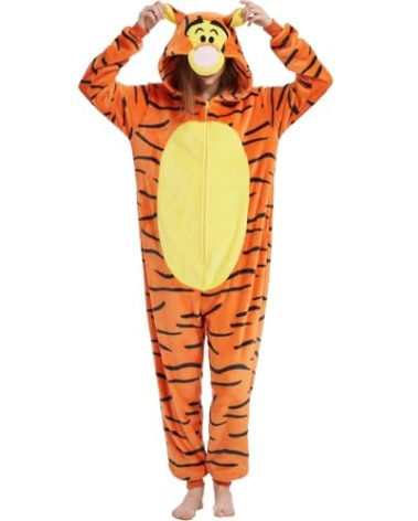Yemnut Snug Fit Adult Unisex Tigger Onesie Cosplay Costume，One Piece Pajama Halloween Homewear Suit for Women and Men (Large, Tigger)