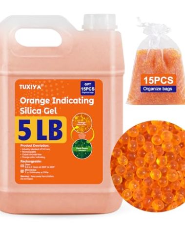 TUXIYA 5 LBS Orange Indicating Silica Gel Desiccant Beads,(Industry Standard 3-5 mm) Rechargeable Silica Gel Beads for 3D Filament, Electronic Devices, Camera, Jewelry, Safe(15PCS Organza Bag)