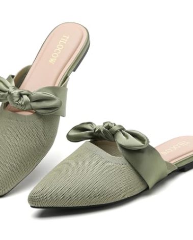 Tilocow Knit Mules for Woman Pointed Toe Flats Bow Mules Slip On Slides Flats Shoes Women Dressy Comfortable Green