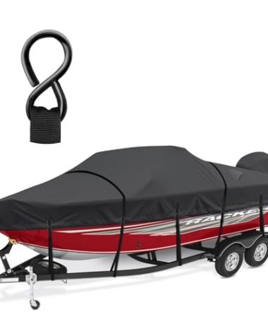 Cerumute Boat Cover, Heavy Duty 1200D Waterproof Boat Covers 17-19ft with Motor Cover and Windproof Adjustable Metal Buckle Fits Bass Boat,V-Hull,Tri-Hull,Runabout Boat,Black