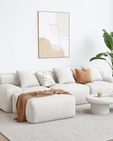 LIKIMIO 118" Modern L-Shaped Modular Sectional Sofa for Living Room, Corduroy Upholstery Beige, Oversized 3-Seater Couch with Deep Seat and Movable Ottoman – No Assembly