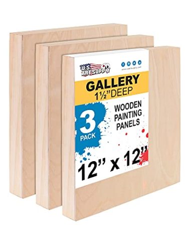 U.S. Art Supply Unfinished Cradled Wood Panels for Painting, 3 Pack of 12x12 inch - Gallery Birch Wooden Canvas Boards 1-1/2" Deep - Mixed-Media Craft, Acrylic, Oil, Encaustic, Paint Pouring
