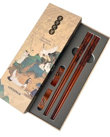2 Pairs Reusable Wooden Chopsticks Set - Hand-Carved Dragon & Phoenix Design Food-Safe Non-Toxic Japanese Korean Chopsticks with Non-Slip Grip Asian Gift for Family Friends (9 Inch)