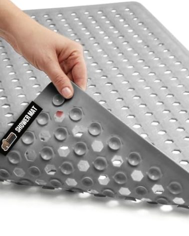 GORILLA GRIP Patented Bath Tub Shower Mat, Machine Washable Bathtub Floor Liner Mats, Suction Cups and Drain Holes to Keep Tubs Clean, Soft on Feet, Bathroom Essentials, 35x16 Inch, Gray Opaque