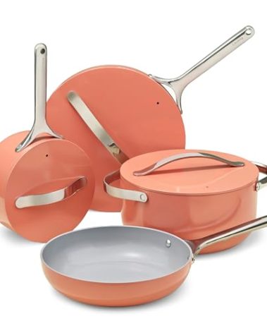 Caraway Nonstick Ceramic Cookware Set (12 Piece) Pots, Pans, Lids and Kitchen Storage - Non Toxic - Oven Safe & Compatible with All Stovetops - Perracotta