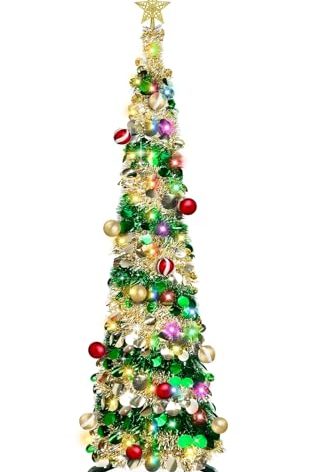 6 Ft Lighted Slim Christmas Tree with Timer Ball Ornament 100 Warm Lights Battery Powered Big 3D Star,Glitter Tinsel Pop Up Pencil Christmas Tree Decoration Indoor Outdoor