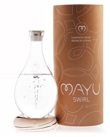 MAYU Swirl Structured Water Carafe - Innovative Vortex Technology Handblown Pitcher. Post Reverse Osmosis Filter Aerating Water Dispenser Stand 1.5 Liter| 51 Oz Dining Glass Jug Design (Earth Base)