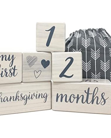 Pondering Pine Baby Milestone Blocks - Natural White Stain Pine Wood with Weeks Months Years Grade and Holidays, Newborn Weekly Monthly First Year Picture Props, 6 Block Milestones Age Set with Bag