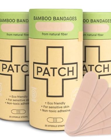 PATCH Natural Eco-Friendly Bamboo Adhesive Sensitive Skin Bandages, Hypoallergenic Bandages for Sensitive Skin, Compostable, Biodegradable, Latex Free and Plastic Free, 25 Count - 3pk
