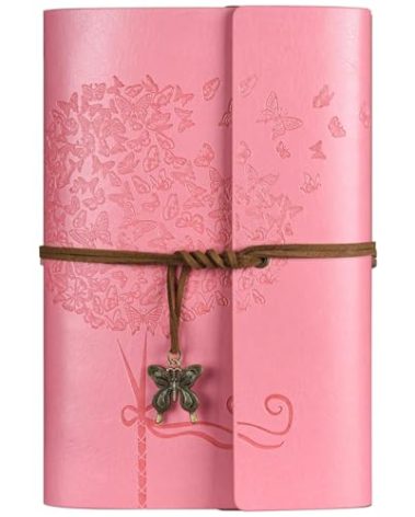 Leather Journal Notebook, Vintage Refillable Journal with 2 PVC Pockets, Travel Journal for Writing, Diary Journal for Women, Men, Girls and Boys, 100GSM Lined Paper, 160 Pages (Pink, A6 7.3"x 5.1")