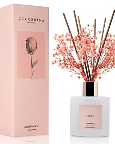Cocorrína Premium Reed Diffuser Set with Preserved Baby's Breath & Cotton Stick Sandalwood Rose | 6.7oz Scent Fragrance Oil Diffuser for Bedroom Bathroom Home Décor