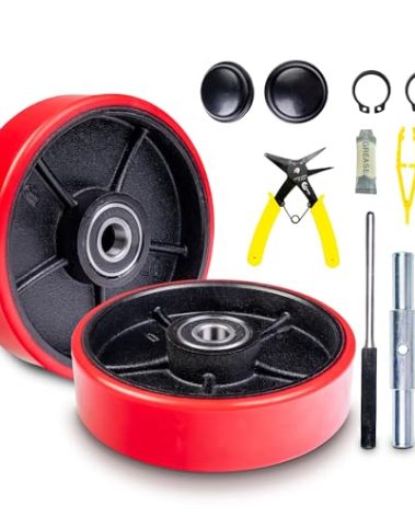 Pallet Jack/Truck Steering Wheels Set with Axle, Fasteners and Protective Caps (4 pcs) 7" x 2" with Bearings ID 20mm Poly Tread Red, Tool Kit Included