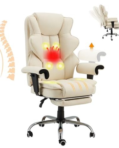 HOMREST 6-Point Massage Executive Chair,Heat Office Chair,Ergonomic Home Office Desk Chairs with Retractable Footrest and Reclining Function,Leather Computer Chair with Adjustable Armrest(‌Off White)