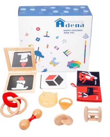 Adena Montessori Play Kit for 3-4 Months Baby,8 in 1 Wooden Learning Educational Toys for Toddler,Include Framed Mirror Book,High-Contrast Cards and More,Christmas Birthday Gift for Boys Girls