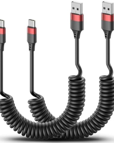 2 Pack USB C Coiled Cable, Fast Charging USB to USB C Cord for iPhone 16/16 Pro Max, Samsung Galaxy S24, Moto G8, Google Pixel, Retractable for Car