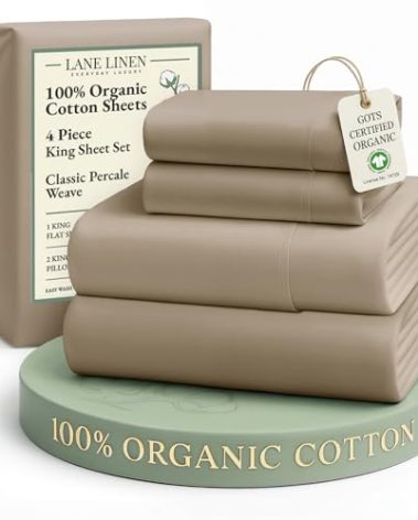 LANE LINEN 100% Organic Cotton Sheets Set, Long- Staple Percale Weave Ultra Soft Best- Bedding Sheets for Bed, GOTS Certified, Fits Mattress Upto 15inch Deep Pocket (King, Taupe)