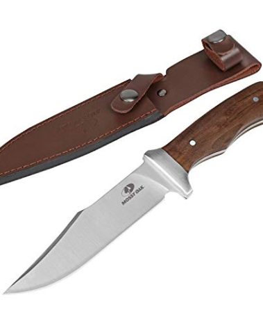 Mossy Oak 11-inch Full-tang Fixed Blade Knife with Leather Sheath, Clip Point Blade and Wood Handle, for Outdoor Survival, Camping