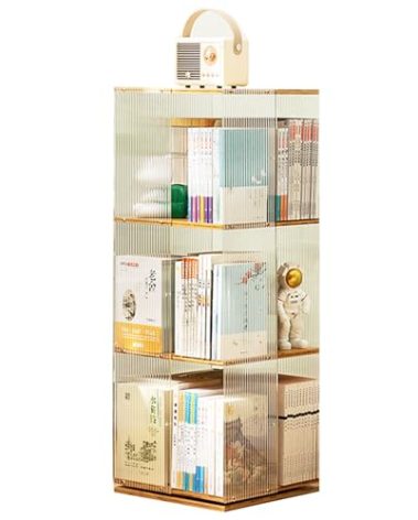 Huazzzyi Acrylic Rotating Bookshelf, 3 Tier Rotating Bookshelf Tower 360 Degree Transparent Rotating Book Shelf for Living Room, Study Room, 37 in