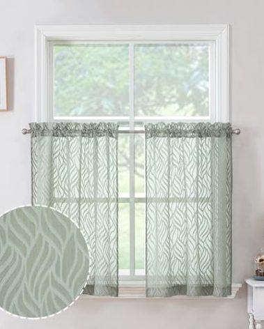 Chyhomenyc Marilyn Sage Green Sheer Curtains 36 Inch Length, Light Filtering Soft Airy 3D Leaf Clip Jacquard Textured Short Sheer Curtains for Bedroom Bathroom Small Windows, 38Wx36L Inches, 2 Panels