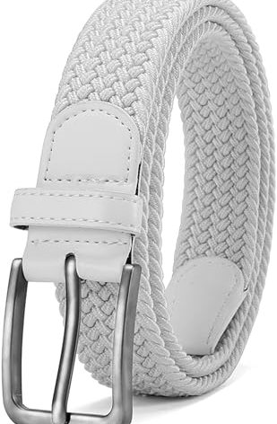 DOOPAI Braided Stretch Belt for Men, Elastic Woven Belt, casual Fabric Golf Belt, White Belt Tight Performed Stretch Design for golf pants jeans, Gift Box