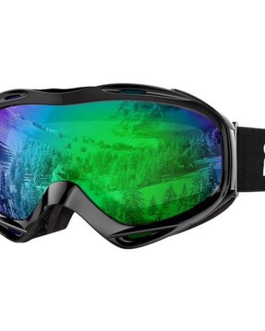 OutdoorMaster OTG Ski Goggles - Over Glasses Ski/Snowboard Goggles for Men, Women & Youth - 100% UV Protection (Black Frame + VLT 32% Green Lens)