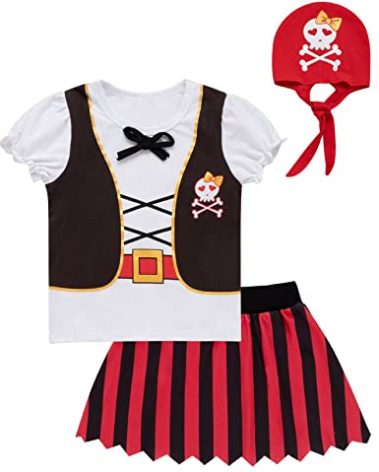 Auggle 3PC Toddler Baby Girl Outfits Halloween Costume Stripe Skirt Kid Pirate Short Sleeve with Head Scarf (Red, 2T)