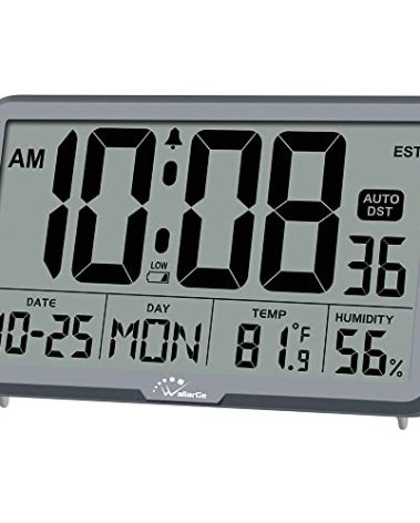 WallarGe Auto Set Digital Wall Clock Battery Operated, Desk Clocks with Temperature, Humidity and Date, Large Display Digital Calendar Alarm Clock for Elderly, Bedroom, Office, 8 Time Zone, Auto DST.