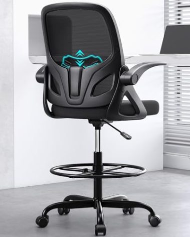 Kensaker Tall Drafting Chair with Footrest Ring for Home and Work, Ergonomic Home Desk Office Chair with Flip up Arms and Lumbar Support, Extended Height Executive Desk Office(Black)