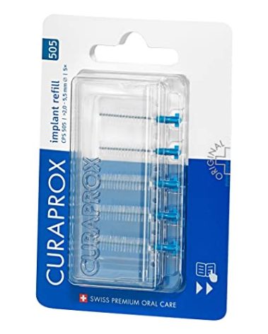 Curaprox interdental Brushes CPS 505 implant Refill, 5 Pieces, Blue, 2 mm Diameter, 5.5 mm Effectiveness, Refill Pack Without Holder