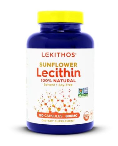 Lekithos 100% All-Natural Sunflower Lecithin Capsules - 120 Count - Rich in Phosphatidyl Choline - Cold Pressed (Solvent Free) - Non-GMO Project Verified - Certified Vegan