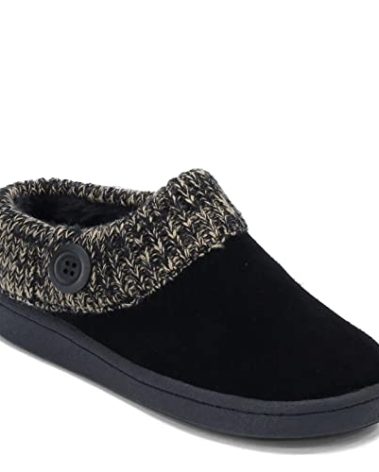 Clarks Womens Slipper Suede Leather Knitted Collar Clog Slippers - Plush Faux Fur Lining Wide (Black Premium Suede, 7)