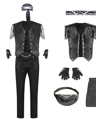 Axvinel Ryan Costume Vest Mens Fringe Leather Vest Jacket Cowboy Outwear Sleeveless Bandana Gloves Set Tassel Adult M